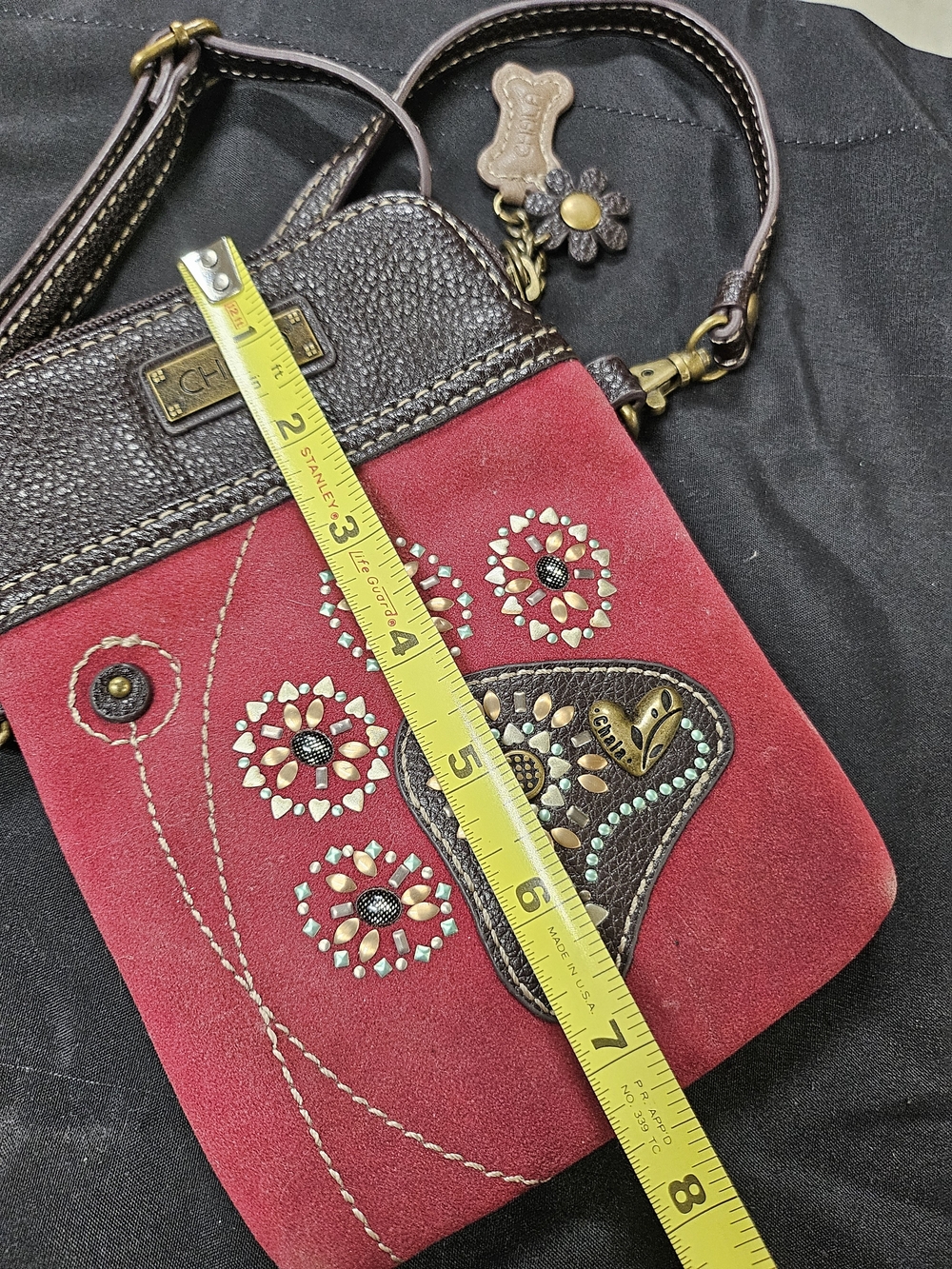 Chala Red Suede Crossbody Bag with Brown Trim and Floral Studs - Picture 4 of 4